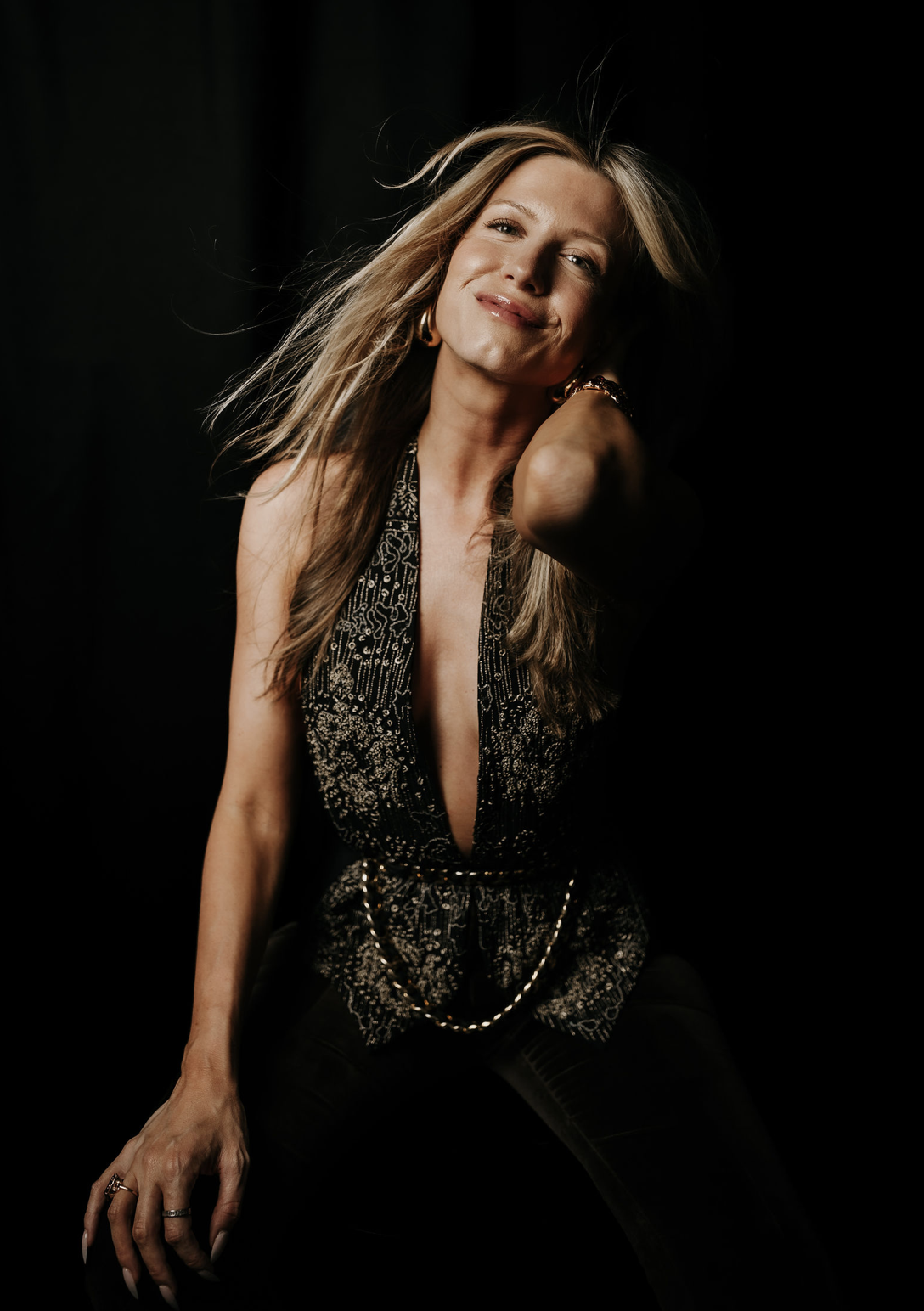 Portrait of Brittany in beaded halter gown
